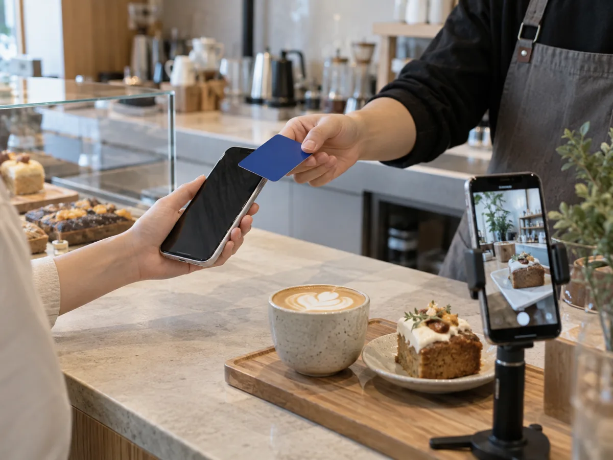 顾客在门店使用 NFC 种草卡，旁边的手机正在拍摄产品内容